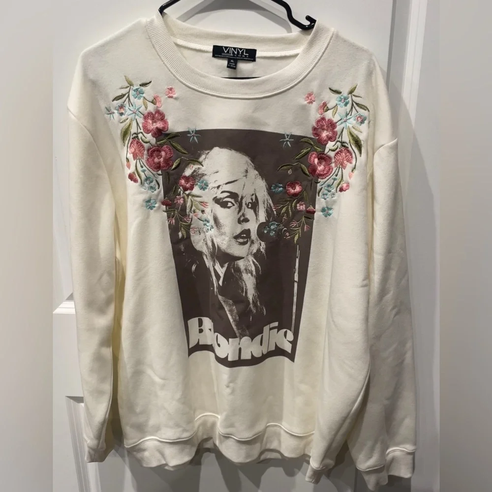 BLONDIE Classic Rock Crewneck Sweatshirt Floral Embroidery Vinyl Icons XL NEW - Picture 1 of 7